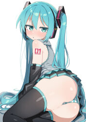 Rule 34 | 1girl, :o, aqua eyes, aqua hair, ass, bare shoulders, black skirt, black thighhighs, blue panties, blush, detached sleeves, dot nose, grey shirt, hair between eyes, hands on ground, hatsune miku, headset, highres, jitome, long hair, looking at viewer, looking back, lying, maud0239, miniskirt, on side, open mouth, panties, shirt, simple background, sitting, skirt, sleeveless, sleeveless shirt, solo, striped clothes, striped panties, sweatdrop, tattoo, thighhighs, twintails, underwear, upskirt, very long hair, vocaloid, white background