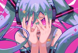 Rule 34 | 1girl, alternate eye color, aqua hair, black sleeves, detached sleeves, green nails, grey shirt, hands up, hatsune miku, long hair, looking at viewer, open mouth, purple background, purple eyes, ringed eyes, shadow, shirt, sleeveless, sleeveless shirt, solo, sweat, twintails, vocaloid, yooki (winter cakes)