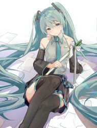 Rule 34 | 1girl, absurdres, aqua eyes, aqua hair, aqua nails, aqua necktie, arm support, armpit crease, bare shoulders, belt, black skirt, black sleeves, black thighhighs, collarbone, commentary, crossed legs, detached sleeves, feet out of frame, food, from above, grey ribbon, hair ornament, hatsune miku, head tilt, highres, holding, holding food, holding spring onion, holding vegetable, light smile, lips, long hair, looking up, miku day, miniskirt, nail polish, necktie, on floor, paper, pleated skirt, ribbon, sakippo (sakippo0), shirt, signature, sitting, skirt, sleeveless, sleeveless shirt, solo, spring onion, thighhighs, twintails, vegetable, very long hair, vocaloid, white background, white shirt