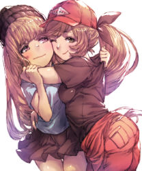 Rule 34 | 10s, 2girls, ;), anger vein, arm around neck, arm around waist, arm grab, ass, bad id, bad pixiv id, baseball cap, beanie, black hat, black skirt, blonde hair, blunt bangs, blush, breast press, breasts, brown hair, cagliostro (granblue fantasy), cheek-to-cheek, clarisse (granblue fantasy), closed mouth, contemporary, cowboy shot, eyelashes, granblue fantasy, green eyes, hand on another&#039;s arm, hat, heads together, highres, hug, long hair, looking at another, looking at viewer, looking to the side, miniskirt, multiple girls, one eye closed, pleated skirt, ponytail, purple eyes, red hat, shirt, shirt grab, short sleeves, simple background, skirt, smile, swept bangs, t-shirt, thigh gap, uguisu (pix-pix), wavy mouth, white background