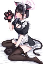 Rule 34 | 1girl, alternate costume, animal hands, apron, black gloves, black hair, black thighhighs, blue archive, breasts, cat cutout, cleavage, cleavage cutout, clothing cutout, colored inner hair, enmaided, extra ears, fake tail, gloves, hair ornament, hairclip, halo, highres, kazusa (blue archive), looking at viewer, maid, maid apron, medium breasts, multicolored hair, paw gloves, pink hair, pink halo, puffy short sleeves, puffy sleeves, rama (yu-light8), red eyes, short hair, short sleeves, sitting, solo, tail, thighhighs, thighs, white apron