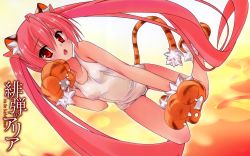 Rule 34 | 1girl, :o, animal ears, animal hands, bare shoulders, blush, dutch angle, fang, gloves, hidan no aria, highres, kanzaki h. aria, kobuichi, kugimiya rie, long hair, looking at viewer, one-piece swimsuit, open mouth, paw gloves, pink hair, red eyes, school swimsuit, simple background, solo, swimsuit, tail, tiger ears, tiger tail, twintails, very long hair, voice actor connection, wallpaper, white one-piece swimsuit, white school swimsuit