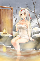 Rule 34 | 10s, 1girl, absurdres, blush, breasts, cai geng, cleavage, day, eyebrows, hair between eyes, hairband, hand on breast, highres, kantai collection, lantern, large breasts, long hair, naked towel, onsen, outdoors, pink eyes, rock, shoukaku (kancolle), sidelocks, sitting, sitting on rock, smile, snow, snowing, soaking feet, solo, towel, towel on head, tree, very long hair, water, white hair, winter