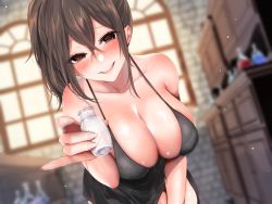 Rule 34 | 1girl, :d, bare arms, bare shoulders, bent over, black dress, blush, breasts, brown eyes, brown hair, cleavage, collarbone, crossed bangs, cup, dress, eyelashes, fingernails, hair between eyes, half-closed eyes, halterneck, highres, holding, holding cup, large breasts, long fingernails, long hair, looking at viewer, non-web source, open mouth, original, pinky out, sakiryo kanna, shiny skin, short dress, sidelocks, skindentation, sleeveless, sleeveless dress, smile, solo, spaghetti strap, teeth, upper teeth only