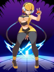 Rule 34 | 1girl, ;d, black pantyhose, blonde hair, blue eyes, breasts, cleavage, clothing cutout, creatures (company), dress, earplugs, elesa (pokemon), full body, game freak, headphone, high heels, highres, hip focus, large breasts, looking at viewer, mystical (plantpenetrator), navel, navel cutout, nintendo, one eye closed, open mouth, pantyhose, parted lips, poke ball, pokemon, pokemon bw, short hair, sideboob, smile, solo, standing, underboob, wide hips