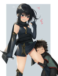Rule 34 | :3, ^^^, age difference, arm at side, assisted exposure, bad id, bad pixiv id, black cape, black eyes, black hair, black kimono, black neckwear, black pants, black sash, black scarf, black socks, black undershirt, blush, breasts, cape, child, closed eyes, clothes lift, commentary, covered erect nipples, cowboy shot, cuddling, gluteal fold, green shirt, grey background, grin, hair between eyes, hand up, height difference, highres, holding, holding weapon, hug, hugging another&#039;s leg, hugging own legs, japanese clothes, kimono, kneehighs, kuchinawa (skyks), kunai, looking at another, looking down, musical note, ninja, obi, original, outside border, pants, sash, scarf, shirt, short ponytail, side ponytail, sidelocks, skirt, skirt lift, sleeveless, sleeveless kimono, small breasts, smile, socks, steam, straddling, sweatdrop, translated, trembling, weapon
