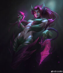 Rule 34 | 1girl, absurdres, artist name, branch, chinese commentary, claws, closed mouth, colored sclera, cowboy shot, dark background, glowing, glowing eyes, highres, league of legends, long hair, looking at viewer, looking down, monster girl, navel, plant girl, red hair, red sclera, shashibaya, signature, simple background, solo, stomach, thighs, yellow eyes, zyra