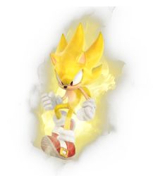 Rule 34 | 3d, full body, gloves, gradient background, highres, male focus, official art, red eyes, simple background, solo, sonic (series), sonic the hedgehog, sonic unleashed, super sonic, transparent background, white background, white gloves