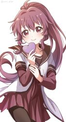Rule 34 | 1girl, ahoge, black pantyhose, blush, brown sailor collar, closed mouth, commentary, dress, hair between eyes, heart, highres, holding, layered sleeves, long hair, long sleeves, looking at viewer, nanamori school uniform, nnn yryr, pantyhose, ponytail, purple eyes, purple hair, red dress, sailor collar, school uniform, shirt, short over long sleeves, short sleeves, simple background, smile, solo, sugiura ayano, symbol-only commentary, twitter username, very long hair, white background, white shirt, yuru yuri