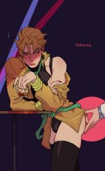 Rule 34 | 2boys, absurdres, alcohol, arm on table, ass grab, black leotard, black thighhighs, blonde hair, blush, bracelet, bulge, cup, dio brando, drunk, earrings, elbow on table, elbows on table, groping, headband, heart, highres, holding, holding cup, honlo, ice, ice cube, jacket, jewelry, jojo no kimyou na bouken, leotard, lipstick, long hair, makeup, male focus, multiple boys, nail polish, pants, red eyes, red lips, red nails, squeans, stardust crusaders, table, thighhighs, thighs, watch, wristwatch, yaoi, yellow jacket