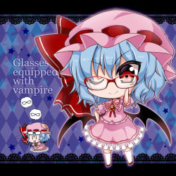 Rule 34 | 1girl, :3, adjusting eyewear, argyle, argyle background, argyle clothes, bad id, bad pixiv id, bat wings, bespectacled, blue background, blue hair, border, brooch, chibi, english text, engrish text, eyewear on head, fang, flying sweatdrops, frilled skirt, frills, glasses, hand on own hip, hat, hat ribbon, jewelry, kneehighs, lace, lace border, looking at viewer, mob cap, neck ribbon, noai nioshi, one eye closed, ornate border, puffy short sleeves, puffy sleeves, ranguage, red-framed eyewear, red eyes, remilia scarlet, ribbon, short hair, short sleeves, skirt, skirt set, smile, socks, solo, spoken object, touhou, white socks, wings, | |