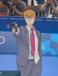2024_summer_olympics belt black_belt blonde_hair closed_mouth collared_shirt commentary english_commentary formal grey_pants grey_suit gun hand_in_pocket highres holding holding_gun holding_weapon kkrrinshim mob_psycho_100 necktie olympics pants photo_background pink_necktie real_life reigen_arataka serious shirt suit weapon white_shirt