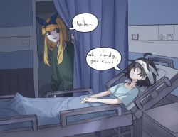 Rule 34 | 2girls, absurdres, ahoge, bandaged head, bandages, barefoot, bed, black hair, blind girl (popopoka), blonde girl (popopoka), blonde hair, blue eyes, blunt bangs, commentary, english commentary, english text, from side, highres, hospital bed, long hair, lying, multiple girls, on back, open mouth, original, popopoka, shirt, short hair, speech bubble