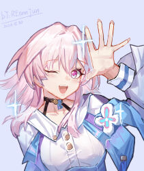 Rule 34 | 1girl, absurdres, artist name, black choker, blue eyes, blue jacket, blush, buttons, chinese commentary, choker, dated, dress shirt, flower ornament, hand up, highres, honkai: star rail, honkai (series), jacket, long sleeves, looking at viewer, march 7th (honkai: star rail), medium hair, open hand, open mouth, pink eyes, pink hair, purple background, reremjun, shirt, simple background, smile, teeth, two-tone eyes, upper body, upper teeth only, white shirt