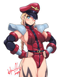 Rule 34 | 1girl, 2018, abs, areola slip, armor, blonde hair, blue eyes, blush, braid, breasts, cammy white, closed mouth, cosplay, cowboy shot, dated, eyelashes, fingerless gloves, gloves, hands on own hips, hat, highres, hori shin, large breasts, leotard, long hair, m. bison, m bison (cosplay), muscular, muscular female, no bra, pauldrons, peaked cap, red gloves, red hat, red leotard, shoulder armor, sideboob, simple background, skull, smile, solo, standing, street fighter, thighs, turtleneck, twin braids, white background