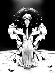 Rule 34 | 10s, 1boy, 1girl, bandages, boku no hero academia, commentary request, dirty, dirty feet, dress, eri (boku no hero academia), eyebrows, feather trim, feathers, gloves, greyscale, horns, jacket, kneeling, light, light particles, long hair, looking at another, looking down, monochrome, noppo, overhaul (boku no hero academia), plague doctor mask, shoes, short hair, single horn, sitting, sneakers, spot color, squatting, yellow eyes