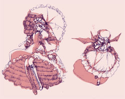 Rule 34 | 2girls, ascot, boots, cross-laced footwear, dress, female focus, frilled dress, frilled sleeves, frills, hand to own mouth, hat, mary janes, massun, multiple girls, one eye closed, parasol, perspective, remilia scarlet, shoes, simple background, sketch, touhou, umbrella, wink, yakumo yukari
