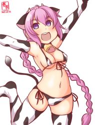 Rule 34 | 1girl, alternate costume, animal ears, animal print, artist logo, bell, bikini, braid, breasts, covered erect nipples, cow ears, cow girl, cow horns, cow print, cow tail, cowbell, dated, elbow gloves, gloves, horns, kanon (kurogane knights), kantai collection, large breasts, long hair, navel, neck bell, nenohi (kancolle), one-hour drawing challenge, open mouth, pink hair, print bikini, print gloves, print thighhighs, purple eyes, simple background, single braid, smile, solo, swimsuit, tail, thighhighs, white background