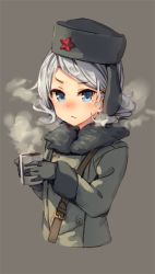 Rule 34 | 1girl, black gloves, blue eyes, blush, breath, closed mouth, cropped torso, cup, gloves, grey background, grey hair, hands up, hat, holding, holding cup, looking at viewer, military, military hat, military uniform, nose blush, original, parsley-f, short hair, simple background, solo, star (symbol), steam, tsurime, uniform, upper body