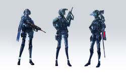 Rule 34 | 3girls, armor, assault rifle, belt pouch, binoculars, bodysuit, commentary request, full body, goggles, gradient background, grey background, gun, hand on own hip, hands on own hips, harness, headset, helmet, highres, holding, holding gun, holding weapon, holster, knee pads, load bearing vest, looking at viewer, magazine (weapon), mask, multiple girls, original, pouch, rifle, scarf, science fiction, standing, submachine gun, tactical clothes, thigh holster, trigger discipline, weapon, weapon on back, yuuji mushipan