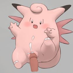 Rule 34 | 1girl, black eyes, blush, clefable, creatures (company), cum, cum on body, cum on lower body, disembodied penis, ejaculation, erection, full body, game freak, gen 1 pokemon, grey background, grinding, hands up, highres, lying, nintendo, no humans, on back, open mouth, orgasm, penis, pokemon, pokemon (creature), pussy, simple background, solo, spread legs, tail, uncensored, youjo modoki