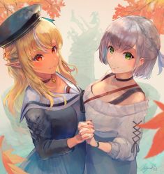Rule 34 | 2girls, autumn leaves, black choker, black headwear, black shirt, blonde hair, blue ribbon, braid, breast press, breasts, casual, choker, closed mouth, commentary request, green eyes, hair ribbon, hat, highres, holding hands, hololive, interlocked fingers, large breasts, long hair, long sleeves, multiple girls, orange eyes, pointy ears, ribbed sweater, ribbon, rin mizuto, sailor collar, shiranui flare, shiranui flare (street), shirogane noel, shirogane noel (casual), shirt, short hair, silver hair, smile, sweater, virtual youtuber, white sailor collar, white sweater