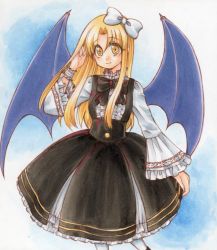 Rule 34 | 1girl, adapted costume, black bow, black bowtie, black dress, blonde hair, bow, bowtie, buttons, closed mouth, demon wings, dress, eyebrows, fingernails, frilled dress, frilled sleeves, frills, hair between eyes, hair bow, hair intakes, hand up, io (maryann blue), kurumi (touhou), long hair, long sleeves, marker (medium), millipen (medium), painting (medium), purple wings, shikishi, shirt, smile, solo, straight hair, touhou, touhou (pc-98), traditional media, watercolor (medium), white bow, white legwear, white shirt, wide sleeves, wings, wristband, yellow eyes