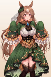 Rule 34 | 1girl, absurdres, alternate eye color, animal ears, black thighhighs, breasts, brown hair, closed mouth, commentary request, cowboy shot, dress, ear ornament, frilled dress, frills, gradient background, green dress, hair between eyes, highres, horse ears, horse girl, large breasts, long hair, looking at viewer, multicolored hair, partial commentary, red eyes, satono diamond (umamusume), sleeves past fingers, sleeves past wrists, solo, streaked hair, tabunshake, thighhighs, umamusume, very long hair, very long sleeves, white hair
