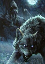 Rule 34 | animal, fog, full moon, fur, glowing, glowing eyes, gwent (game), highres, looking ahead, moon, night, night sky, no humans, non-web source, rock, sky, the witcher (series), tree, wolf