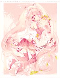 Rule 34 | 1girl, boots, character name, detached sleeves, flower, hatsune miku, headset, kneeling, long hair, necktie, pink eyes, pink footwear, pink hair, revision, sakura miku, skirt, smile, solo, thigh boots, thighhighs, twintails, very long hair, vocaloid, yuucho (cololal)
