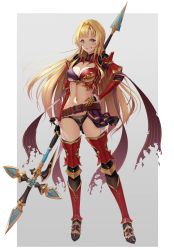 Rule 34 | 1girl, absurdres, armor, belt, blonde hair, blue eyes, breasts, brown belt, cleavage, full body, gauntlets, granblue fantasy, grey background, hair down, hand on own hip, highres, holding, holding polearm, holding spear, holding weapon, koyaya, long hair, looking at viewer, medium breasts, multicolored hair, navel, polearm, red armor, smile, solo, spear, standing, thighhighs, thighs, two-tone hair, weapon, white background, zeta (granblue fantasy)