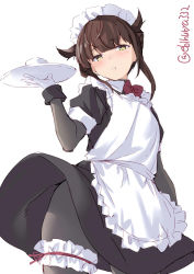Rule 34 | 1girl, alternate costume, apron, black bodysuit, blush, bodysuit, bow, bowtie, brown hair, cup, dress, ebifurya, enmaided, gloves, hair flaps, hatsuzuki (kancolle), highres, holding, holding tray, kantai collection, lips, maid, maid apron, maid headdress, pantyhose, parted lips, red bow, red bowtie, short hair, short sleeves, simple background, solo, tray, twitter username, white background, white gloves, yellow eyes
