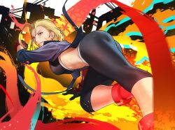 Rule 34 | 1girl, antenna hair, ass, asymmetrical gloves, black gloves, black pants, blonde hair, blue eyes, blue jacket, boots, breasts, cammy white, clenched hand, commentary, cropped jacket, english commentary, explosion, facial scar, flying kick, gloves, grin, highres, jackboo, jacket, kicking, large breasts, looking at viewer, midriff, mismatched gloves, pants, red footwear, scar, scar on cheek, scar on face, short hair, single vambrace, smile, solo, street fighter, street fighter 6, thick thighs, thighs, toned, vambraces, yoga pants