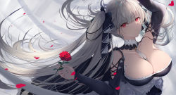 Rule 34 | 1girl, arm up, azur lane, bare shoulders, between breasts, black bow, black dress, black nails, bow, breasts, cleavage, closed mouth, detached collar, detached sleeves, dress, flower, formidable (azur lane), frilled dress, frills, hair bow, highres, holding, holding flower, large breasts, long sleeves, looking at viewer, nail polish, petals, red eyes, red flower, red rose, rose, rose petals, silver hair, solo, straight hair, twintails, upper body, xi ying