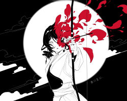 Rule 34 | 1girl, alternate body fluid, archery, arrow (projectile), bow (weapon), circle, cloud, commentary request, cowboy shot, explosion, expressionless, floating hair, flower, flower request, from side, gloves, greyscale, hakama, highres, holding, holding bow (weapon), holding weapon, hole in head, injury, japanese clothes, kimono, kyuudou, looking at viewer, looking to the side, mani mani (vocaloid), mechari, monochrome, muneate, outstretched arms, parted lips, partially fingerless gloves, partly fingerless gloves, petals, red flower, short hair, solo, song name, spot color, translation request, weapon, wide sleeves, yugake, yumi (bow)