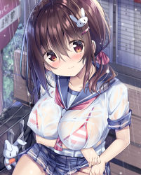Rule 34 | 1girl, animal hair ornament, bag, bag charm, bench, between breasts, blue skirt, bra, breasts, brown eyes, brown hair, bus stop, charm (object), collarbone, commentary request, covered erect nipples, hair ornament, hair ribbon, hairclip, highres, kurou (quadruple zero), looking at viewer, original, pleated skirt, rain, ribbon, sailor collar, school bag, school uniform, see-through, shirt, sidelocks, sitting, skirt, solo, striped bra, striped clothes, underwear, water drop, wet, wet clothes, white shirt