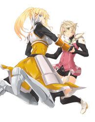 Rule 34 | 2girls, absurdres, alisha diphda, armor, armored boots, armored dress, black legwear, black pants, black shorts, blonde hair, blue eyes, boots, crossover, darkness (konosuba), floating hair, garter straps, green eyes, hair between eyes, hair ornament, hand grab, highres, holding hands, interlocked fingers, knee boots, kono subarashii sekai ni shukufuku wo!, long hair, looking at viewer, multiple girls, open mouth, pants, pants under dress, parted lips, ponytail, saruno (eyesonly712), short shorts, shorts, side ponytail, simple background, tales of (series), tales of zestiria, thighhighs, voice actor connection, white background, white footwear