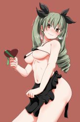 Rule 34 | 10s, 1girl, @ @, anchovy (girls und panzer), anchovy (girls und panzer), apron, apron hold, bare arms, bare shoulders, bikini, black bow, black ribbon, blush, bow, breasts, brown background, candy, chocolate, chocolate heart, collarbone, covered erect nipples, cowboy shot, crazy eyes, drill hair, fingernails, food, girls und panzer, green bow, green hair, green ribbon, hair between eyes, hair ribbon, head tilt, heart, highres, holding, holding food, holding heart, light smile, long hair, looking at viewer, micro bikini, motion lines, navel, no panties, orange eyes, ribbon, ribs, sidelocks, simple background, smile, solo, stomach, sweatdrop, swimsuit, thighs, trembling, tsurime, twin drills, twintails, underboob, valentine, waist apron, wavy mouth, yaruku