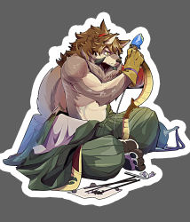 Rule 34 | 1boy, absurdres, animal ears, bara, bare pectorals, beige fur, brown hair, facial hair, fang, full body, furry, furry male, goatee, green kimono, hadanugi dousa, hair between eyes, highres, japanese clothes, kimono, crossed legs, male focus, mature male, open clothes, open kimono, pectorals, relax lion, short hair, solo, stomach, sweatdrop, tail, temujin (housamo), tokyo houkago summoners, toned, toned male, wolf boy, wolf ears, wolf tail