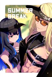 Rule 34 | 1boy, 1girl, abs, bare shoulders, belt, bikini, black-framed eyewear, black bikini, black hair, black headwear, black jacket, blonde hair, blue hair, border, breasts, chain, chain necklace, chest harness, colored inner hair, echo (circa), eyeliner, fate/grand order, fate (series), grey eyes, grin, harness, jacket, jewelry, long hair, looking at viewer, looking to the side, makeup, multicolored hair, navel, necklace, open clothes, open jacket, orange-tinted eyewear, outside border, print headwear, shoulder tattoo, sidelocks, skull print, small breasts, smile, sunglasses, swimsuit, tattoo, tenochtitlan (fate), tezcatlipoca (fate), tezcatlipoca (summer break) (fate), tinted eyewear, visor cap, white border