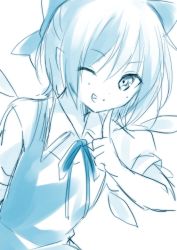 Rule 34 | 1girl, blue theme, cirno, flat chest, grin, looking at viewer, monochrome, one eye closed, short hair, simple background, smile, solo, toosaka asagi, touhou, white background, wink