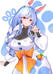 Rule 34 | animal ear fluff, animal ears, blue hair, braid, braided ponytail, breasts, carrot, carrot in pocket, cleavage, highres, hololive, housewife, large breasts, long hair, looking at viewer, mature female, multicolored hair, orange eyes, pekomama, rabbit ears, rabbit girl, short eyebrows, solo, thick eyebrows, virtual youtuber, white hair, yuanagae