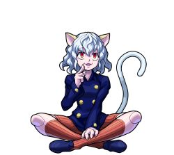 Rule 34 | 1other, animal ears, blue footwear, blue jacket, cat ears, cat girl, cat tail, claws, doll joints, hunter x hunter, jacket, joints, monster strike, neferpitou, official art, socks, solo, striped clothes, striped legwear, striped socks, tail, transparent background, vertical-striped clothes, vertical-striped legwear, vertical-striped socks, white hair