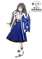 Rule 34 | 1girl, belt, blue belt, blue eyes, blue skirt, boots, buttons, character request, closed mouth, collared shirt, fingerless gloves, fucodoku, full body, gloves, grey hair, grey shirt, hair between eyes, hands up, haori, japanese clothes, long hair, long sleeves, looking at viewer, necktie, open clothes, shirt, sidelocks, simple background, skirt, smile, solo, standing, station memories, white background, white footwear, white gloves, white necktie, wide sleeves