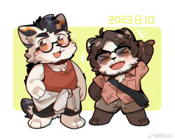 Rule 34 | 2boys, :d, bara, beard, brown hair, brown shorts, clothes around waist, dated, deformed, dog boy, facial hair, fang, full body, furry, furry male, glasses, goatee, jacket, jacket around waist, looking at viewer, male focus, mature male, multiple boys, mustache stubble, open mouth, original, pointing, pointing up, red tank top, short hair, shorts, skin fang, smile, stubble, sunglasses, tank top, thick eyebrows, yang cheng