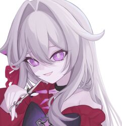 Rule 34 | 1girl, :d, black choker, bow, bright pupils, choker, empty eyes, evil smile, hair between eyes, hair intakes, hair over shoulder, holding, holding scissors, honkai (series), honkai impact 3rd, long hair, long sleeves, looking at viewer, off shoulder, open mouth, pale skin, partially shaded face, potato 258, purple eyes, red ribbon, ribbon, scissors, sidelocks, simple background, smile, solo, thelema (honkai impact), two-tone bow, white background, white hair, white pupils