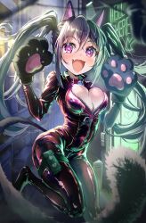 Rule 34 | 1girl, :d, animal collar, animal ears, animal hands, bodysuit, breasts, breasts squeezed together, broken heart, broken heart print, cat ears, cat paws, cat tail, catsuit, city, claws, cleavage, collar, fang, gloves, heart, heart-shaped pupils, highres, keypad, kouzaku mitori, large breasts, latex, latex bodysuit, long hair, neon lights, night, open mouth, paw gloves, pouch, purple eyes, purple hair, sidelocks, skin fang, skull ornament, smile, solo, standing, standing on one leg, symbol-shaped pupils, tail, thigh pouch, thigh strap, toaru kagaku no railgun, toaru majutsu no index, twintails, yonabe, zipper, zipper pull tab