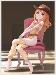 Rule 34 | :&lt;, apron, armlet, ass, barefoot, border, breasts, brown background, brown hair, clothing request, cowboy hat, detached pants, dot nose, eri aimi, facing to the side, feet, from side, full body, grey border, groin, hat, highres, holster, legs apart, looking at viewer, magia record: mahou shoujo madoka magica gaiden, mahou shoujo madoka magica, marutaya, matching hair/eyes, matching outfits, naked apron, no bra, no panties, on chair, orange apron, orange eyes, orange hair, orange pants, outside border, pants, pout, side slit, sideboob, sitting, sitting on object, small breasts, tareme, thighs, thighs together, v-shaped eyebrows