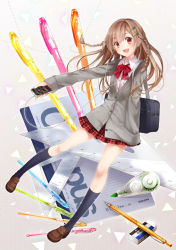 Rule 34 | 1girl, bag, black socks, blush, bow, bowtie, braid, brand name imitation, brown eyes, brown hair, cardigan, digital media player, dotted line, eraser, hair ornament, hairclip, hand in pocket, ipod, kneehighs, koto (colorcube), loafers, long hair, looking at viewer, open mouth, original, outstretched arm, pen, plaid, plaid skirt, ruler, school bag, school uniform, shoes, shoulder bag, skirt, smile, socks, solo, tombow mono, twin braids