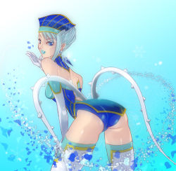 Rule 34 | 10s, 1girl, ass, backless outfit, bare shoulders, blue eyes, blue hair, blue rose (tiger &amp; bunny), boots, breasts, earrings, elbow gloves, female focus, gloves, gradient background, hat, jewelry, karina lyle, kisou nowora, lipstick, makeup, matching hair/eyes, short hair, solo, superhero costume, thigh boots, thighhighs, tiger &amp; bunny